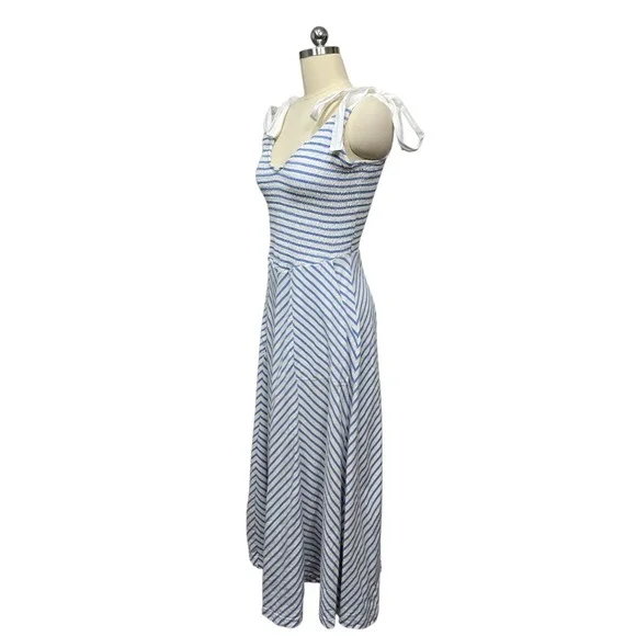 Free People Striped Smocked Midi Dress Blue White Tie Shoulder Women's M - Picture 11 of 12